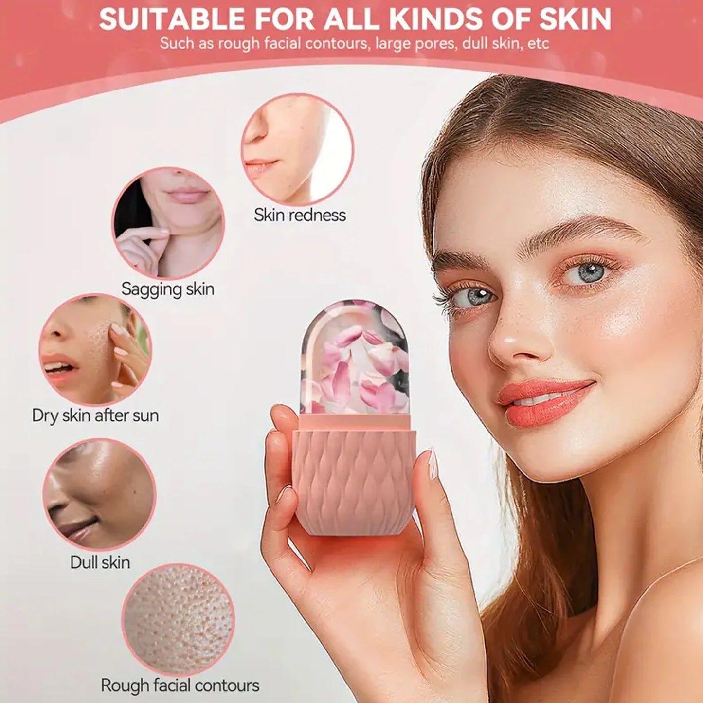 Step by step guide showing how to use ice facial roller for glowing skin