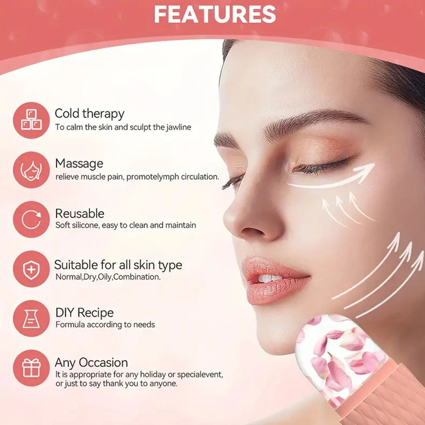 Detailed infographic showing skin benefits of using ice roller for face puffiness reduction