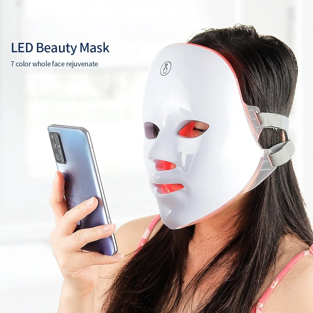 Comfortable wearable silicon LED mask demonstrated by model for daily home skincare routine